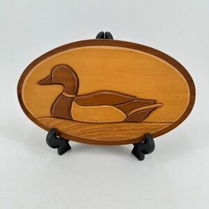 Rick Fortier Signed 1995 Intarsia Wood Mallard Duck Wall Plaque Art Oval Lodge